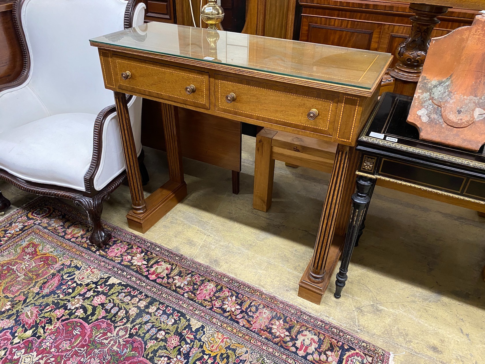 A reproduction banded mahogany two drawer console table, width 102cm, depth 38cm, height 92cm